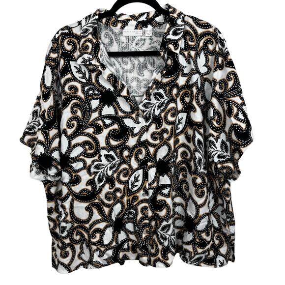 Susan Graver PURE Printed Linen Blend Elbow Sleeve Camp Shirt Black Tan Size 1X - Picture 1 of 9